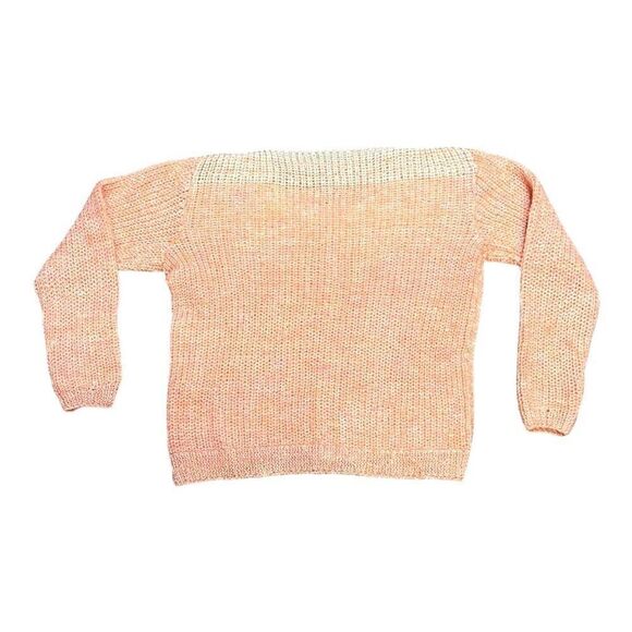 Women's Chunky Hand Knit Sweater - Peach & Cream Size Large Vintage Long Sleeve - Picture 3 of 4